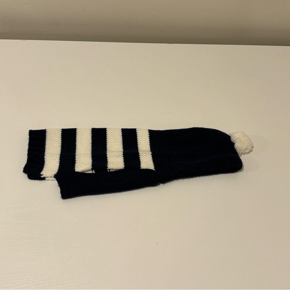 Navy and White Striped Dog Sweater with Hood and Pom-Pom.